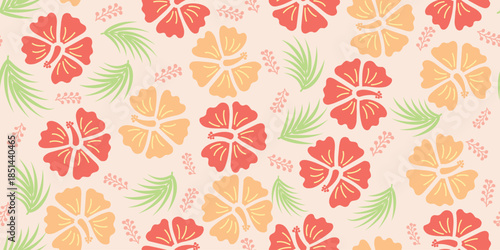 beautiful hibiscus pattern. Botanical palm tree  floral motif, Hibiscus flower design. Summer fabric patterns for Hawaiian shirts. botanical motifs Cute floral hibiscus design. colorful fabric.