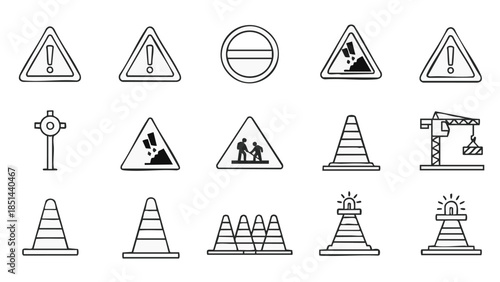 Road construction warning signs and traffic cones set.
