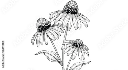 Black and white hand-drawn botanical illustration of echinacea purpurea flowers in a detailed vintage engraving sketch style.