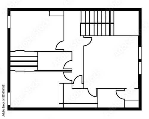 A 2D CAD floor plan of a two-story house with two bedrooms, one bathroom, a kitchen, and a living room. The drawing is rendered in black and white.