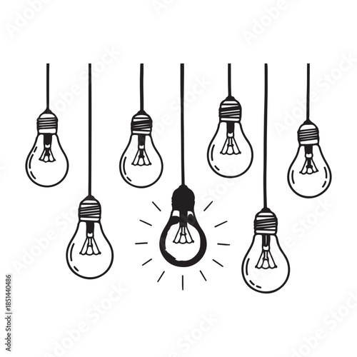 Hanging Light Bulbs Idea Bright One Glowing Concept Minimalist Black and White Illustration