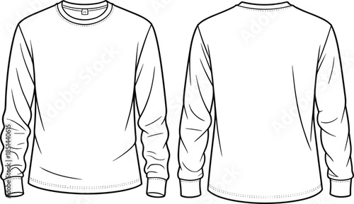 Crew neck sweatshirt front and back view, long sleeve fashion template, technical apparel illustration, clothing mockup, vector garment design