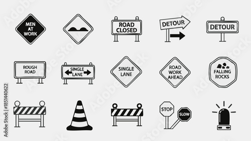 Road Construction Signs  Safety Symbols Set.