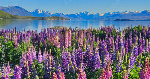 Billede på lærred Vibrant purple lupines along side serene Lake under clear blue sky