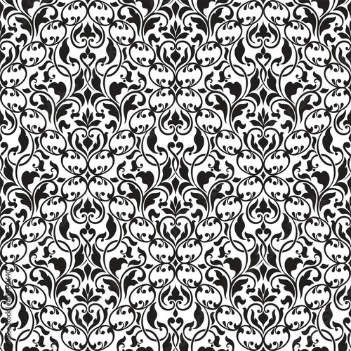 Black Floral Damask Pattern on White Background
