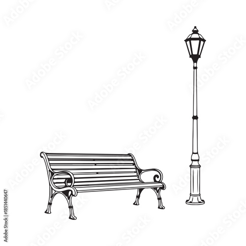 Park Bench with Street Lamp Minimalist Black and White Line Drawing Illustration