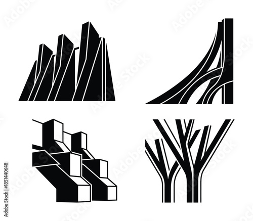 Set of building structures, architectural design elements and other shapes, vector illustration