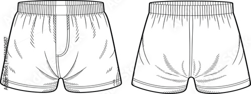 Flat fashion technical sketch of men's classic boxer shorts with elastic waistband, front fly detail, and back view, apparel template