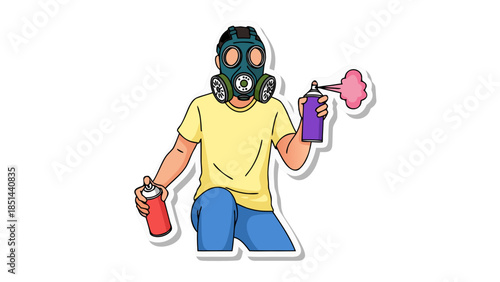 Person in Gas Mask Spray Painting with Red and Purple Cans