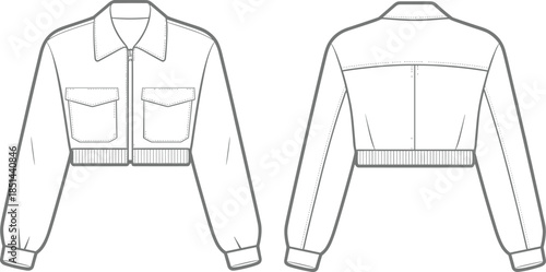 Flat fashion technical sketch of women's cropped zip up jacket with collar, chest pockets, ribbed hem, front and back view.