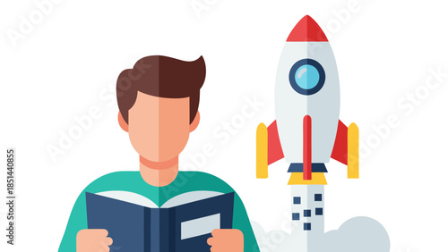 Person Reading Book and Rocket Launching