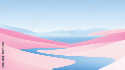 Minimalist earth basin landscape with sweeping pink dunes, a winding blue river, and distant hazy mountains