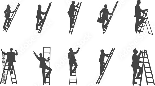 Ladder silhouette, climbing pose, business concept, career growth, vector illustration, black figure, ambition symbol, editable icon, isolated, success metaphor