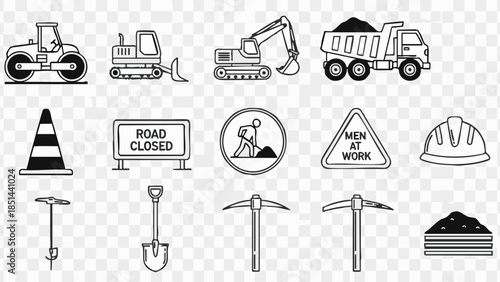 Construction equipment and safety icon set monochrome.