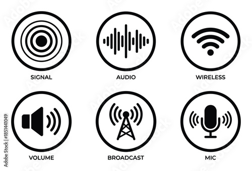 Audio signal icons include signal, volume, wireless, microphone, broadcast, and audio
