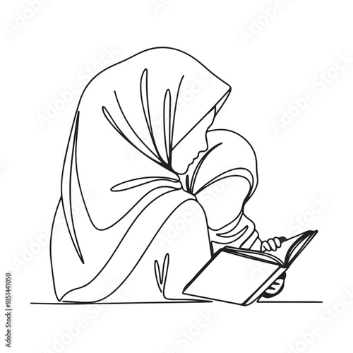 Muslim Woman in Hijab Praying with Quran Minimalist Line Drawing Black and White Illustration