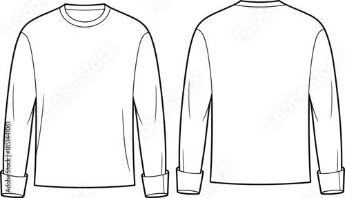 Long sleeve crew neck shirt, technical flat sketch, fashion design template, apparel illustration, garment construction, front and back view
