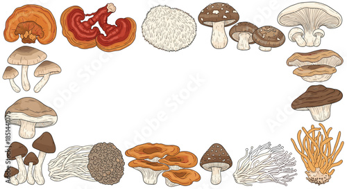 Rectangular frame of hand-drawn edible and medicinal mushrooms in a colorful vintage botanical illustration style.