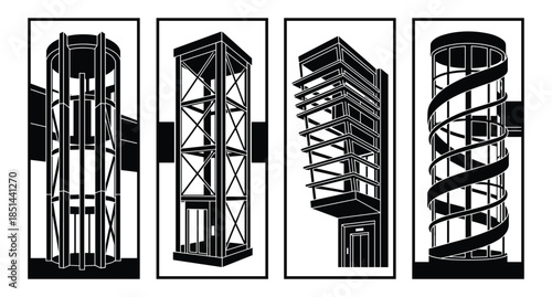 Black and white drawings of elevator shafts and structures architecture design illustrations.