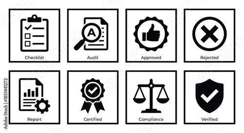 Black and white icons for checklist, audit, approval, rejection, report, compliance, and verification.