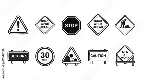 Road Work Signs Collection Traffic Safety Construction Detour Speed Limit.