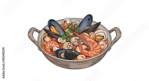 Hand-drawn pot of traditional seafood stew with mussels, shrimp, and clams, isolated on a white background illustration.