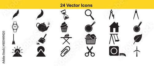 Collection of twenty four minimalist black vector icons displayed on a yellow background