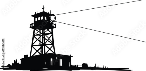 Searchlight watchtower silhouette, military observation tower with beam, black vector illustration isolated on white background for security and defense concepts
