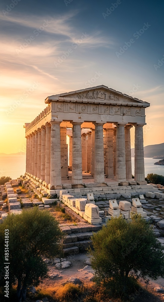 Obraz premium Ancient stone temple ruins stand proudly atop a sunlit hill overlooking the sea