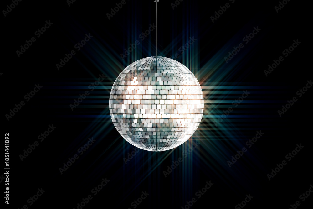 Obraz premium Nightlife And Party Atmosphere Concept Of Celebration And Music. Shiny Disco Ball Reflecting Light Rays Hanging In Dark Club Space. 3d Rendering