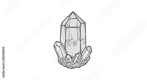 Hand-drawn healing crystal or quartz point cluster in a black and white mystical engraving style vector illustration.