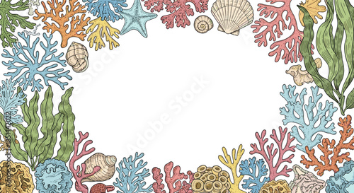 Hand-drawn underwater frame with colorful corals, seaweed, and seashells in a detailed vintage engraving style vector.