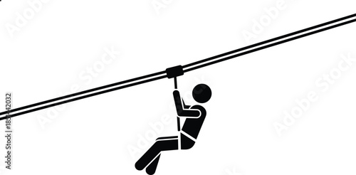 Modern solid symbol showing an individual hanging from a pulley system to denote specialized adventure tourism, adrenaline activities, aerial rope courses, and discovery.