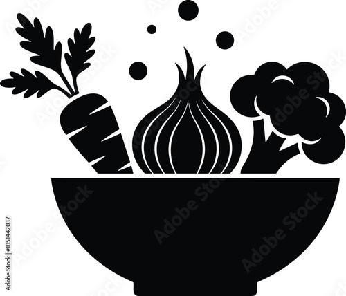 Modern solid symbol showing raw ingredients in a serving dish to denote specialized healthy eating habits, culinary arts, farm to table produce findings.