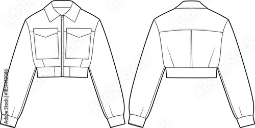 Technical fashion flat sketch of women's cropped jacket, sleeveless tie front blouse, and scoop neck tshirt vector for apparel design,