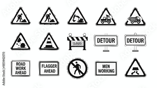 Construction Warning Signs Collection Roadwork Detour Safety.