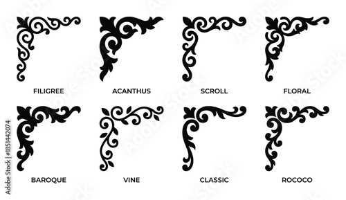 Black ornament corner designs including filigree, scroll, vine, baroque, classic and rococo styles.