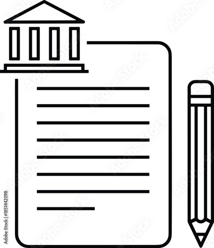 Minimalist black and white vector line illustration featuring a legal document page with a pencil and a bank building icon representing financial contracts.