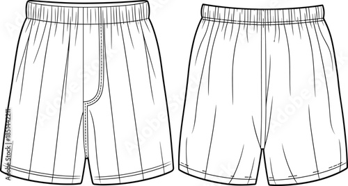 Technical fashion flat sketch of women's cropped jacket, tie front blouse, scoop neck tshirt, trousers, and shorts vector for apparel design