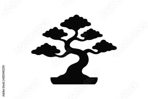 Black silhouette of a bonsai tree in a pot. Represents Japanese traditional art form.