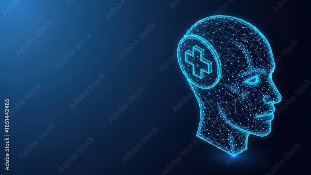 Obraz premium Digital Human Head Silhouette With Medical Cross Symbol Representing Healthcare Technology And Innovation