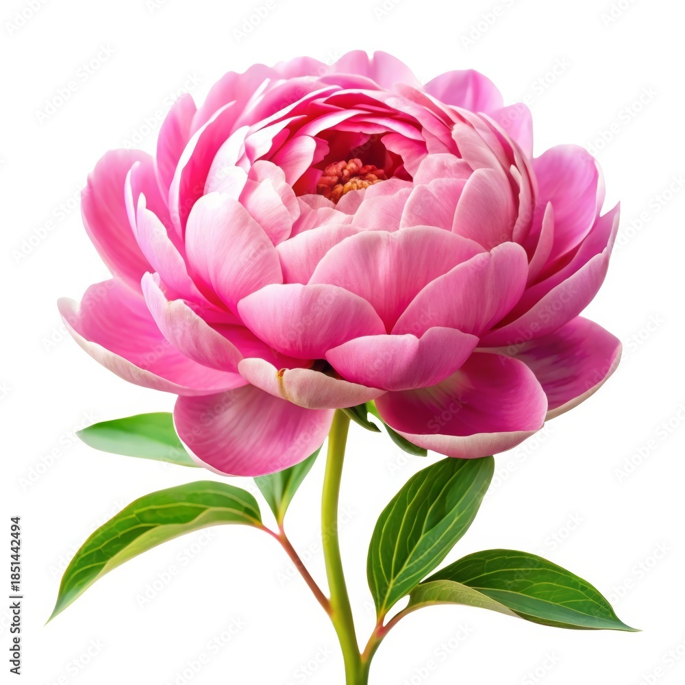 Fototapeta premium Beautiful pink peony flower with lush petals and green leaves