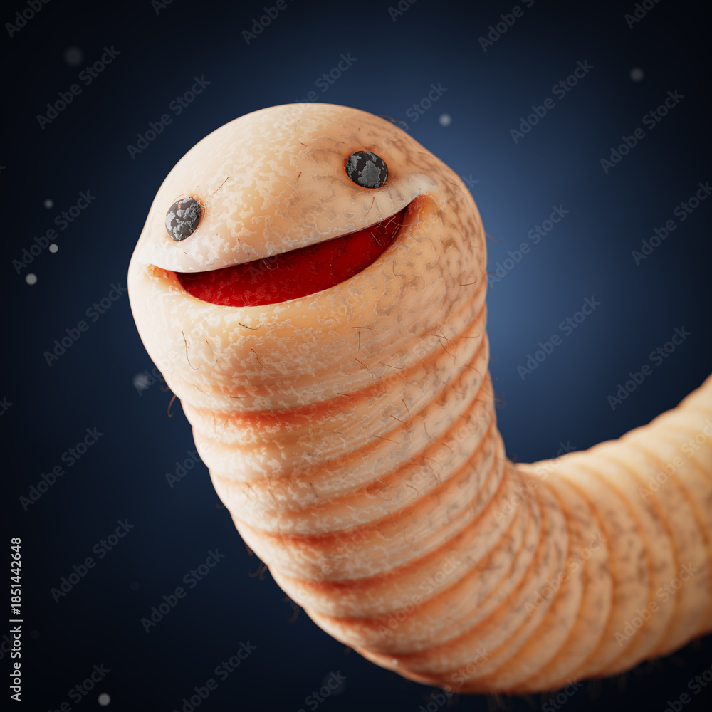 Fototapeta premium Parasitology Cartoon Concept Representing Helminth Infection Awareness. Smiling Cute Helminth Worm Character With Big Eyes And Soft Texture On Blue Background. 3d Rendering