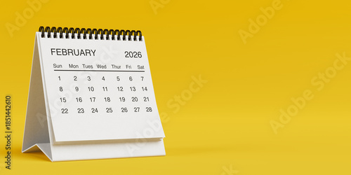 White Desk Monthly February 2026 Business Calendar. 3d Rendering