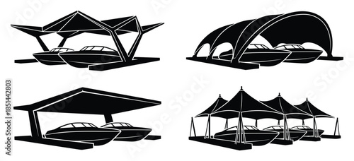 Boat shelters vector set. Different boat parking shelters designs silhouette black illustration.