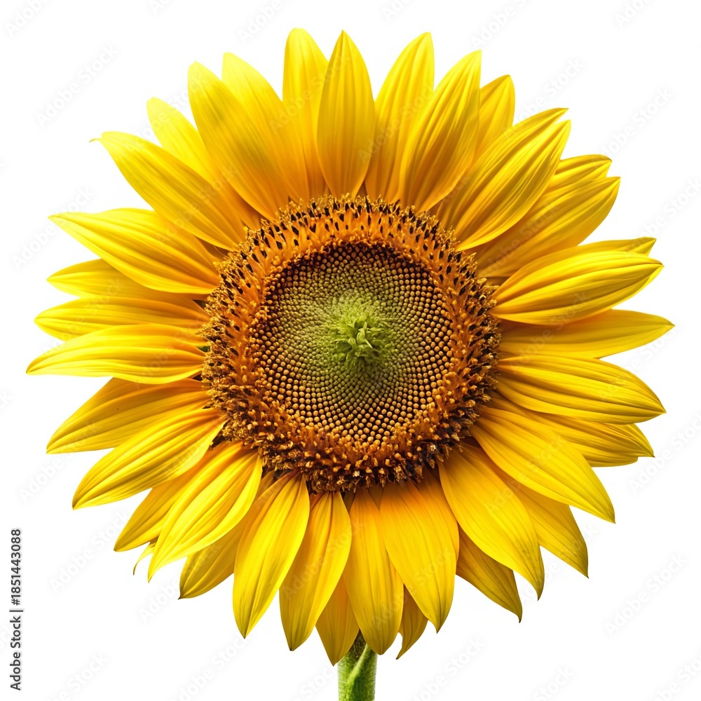 Fototapeta premium Bright yellow sunflower in full bloom with detailed petals isolated on white background