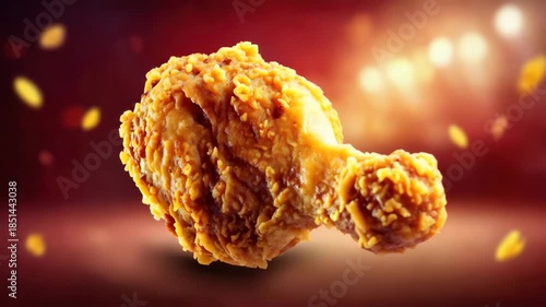 Crispy fried chicken drumstick on vibrant background with golden sparks