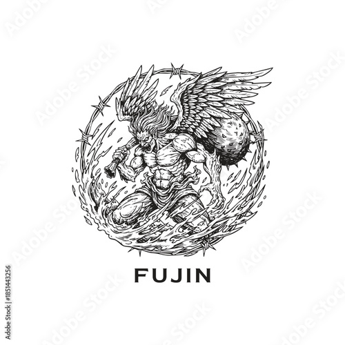 Powerful hand drawn illustration of Fujin, the Japanese God of Wind, in a dynamic mythical style