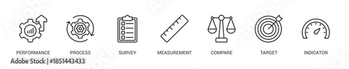 Benchmarking Line Icon Set For Web Banner. Vector Illustration Concept With Some Icons. Designed In Line Style