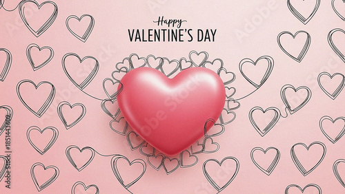 Happy Valentine's Day background with text and pink heart 3D Rendering Pink and red heart isolated background texture. Holiday Saint Valentine's day love concept. Wide screen wallpaper. Panoramic web 